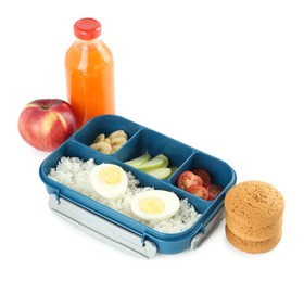 Photo of Lunch box with snacks and bottle of juice isolated on white