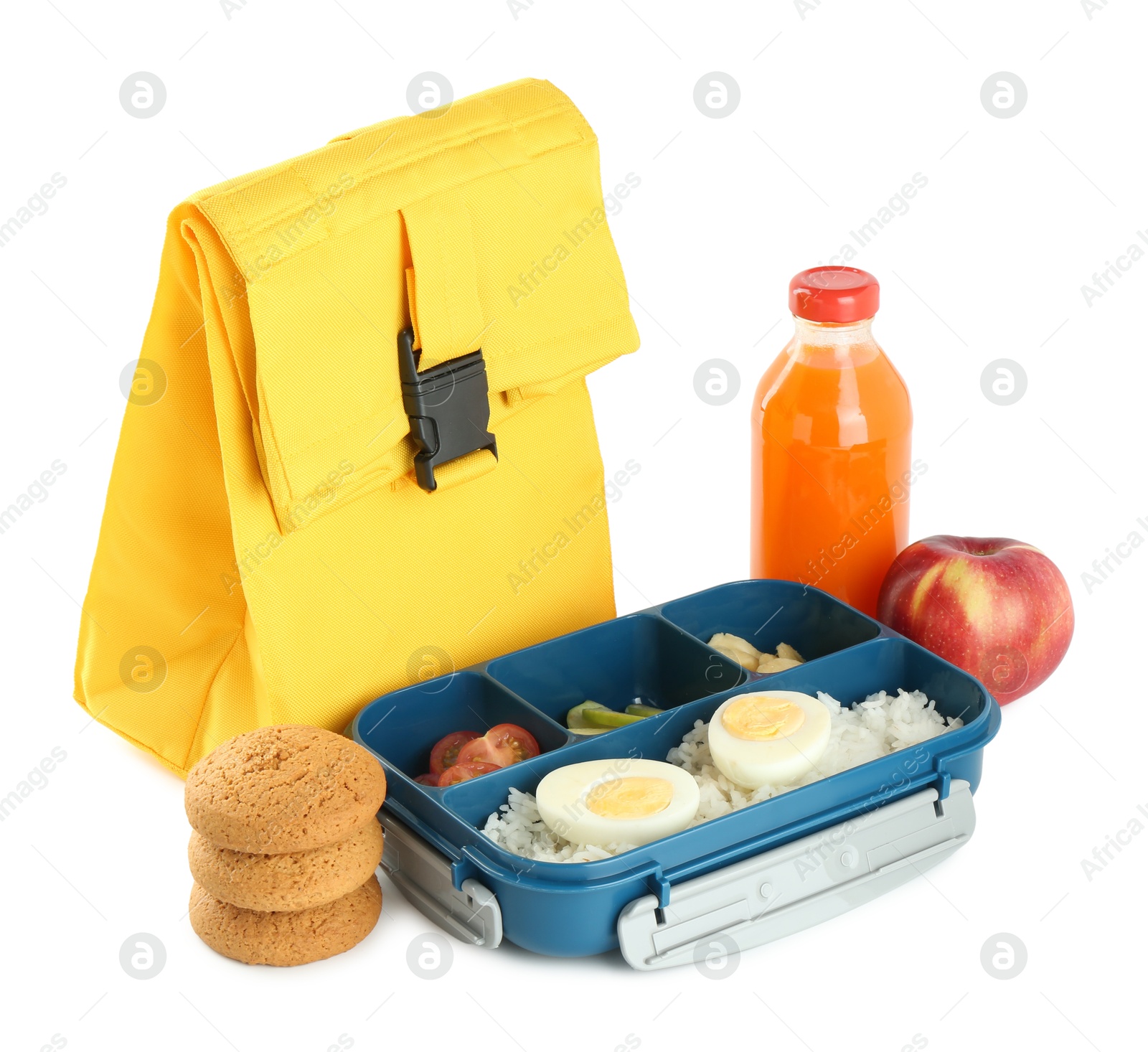 Photo of Yellow bag, lunch box with snacks and bottle of juice isolated on white