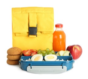 Photo of Yellow bag, lunch box with snacks and bottle of juice isolated on white