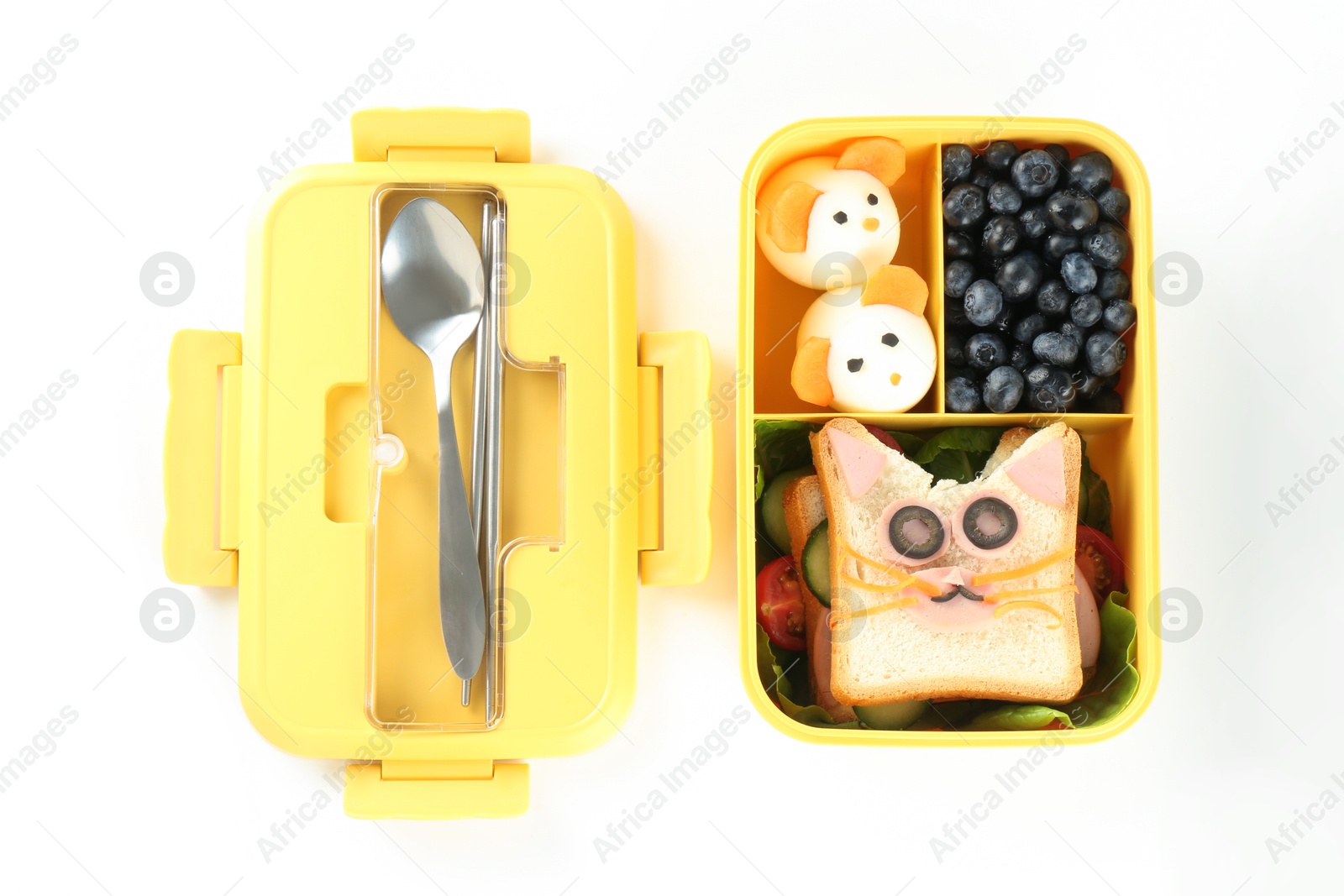 Photo of Lunch box with snacks, lid and cutlery isolated on white, top view