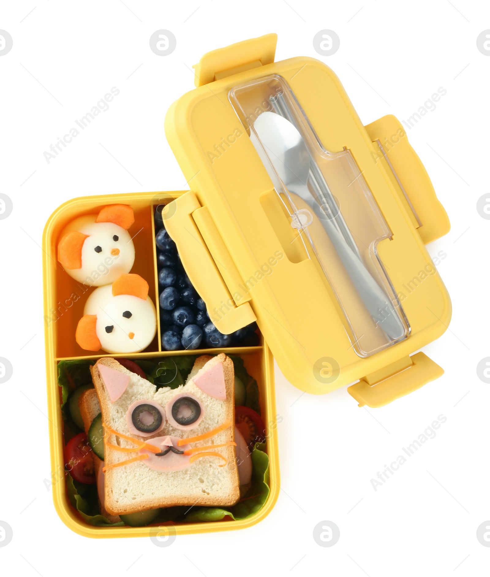 Photo of Lunch box with snacks, lid and cutlery isolated on white, top view