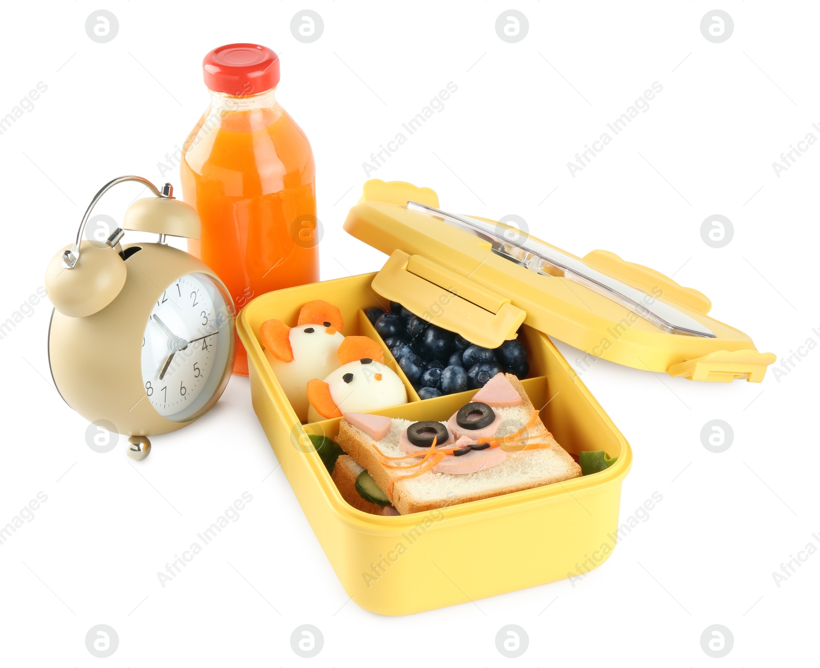 Photo of Lunch box with snacks, bottle of juice, cutlery and alarm clock isolated on white