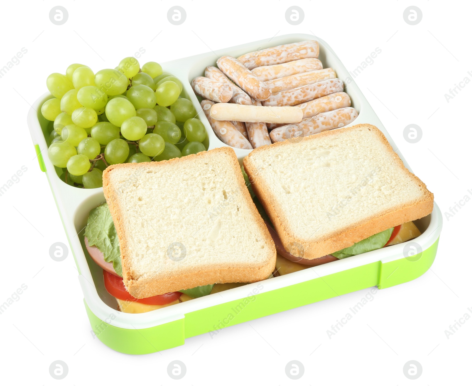 Photo of Lunch box with sandwiches, grapes and cookies isolated on white