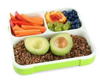 Photo of Lunch box with buckwheat, fruits and vegetables isolated on white