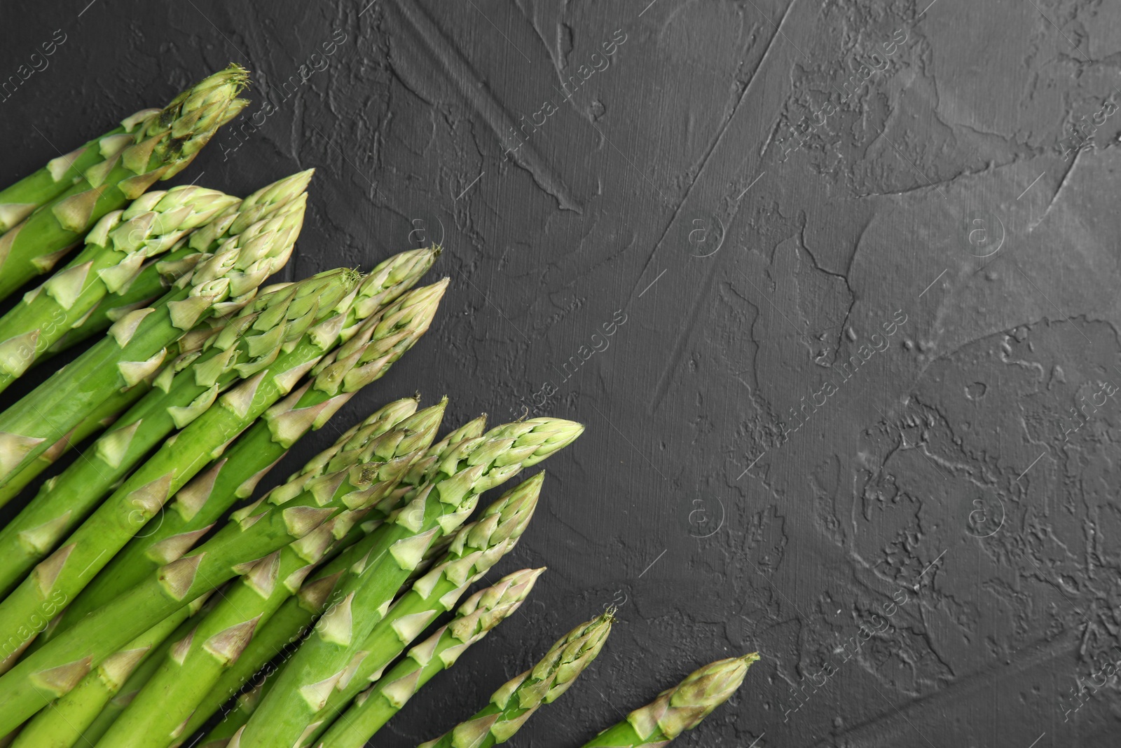 Photo of Fresh green asparagus stems on gray textured table, top view. Space for text