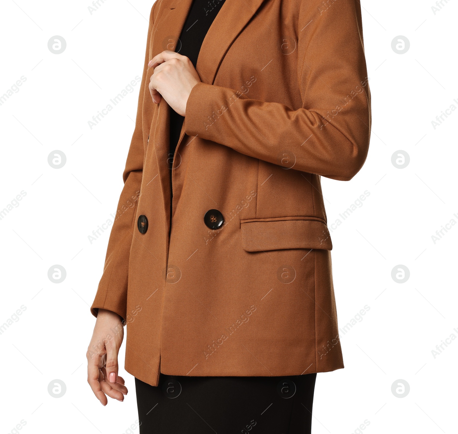 Photo of Woman in brown jacket on white background, closeup