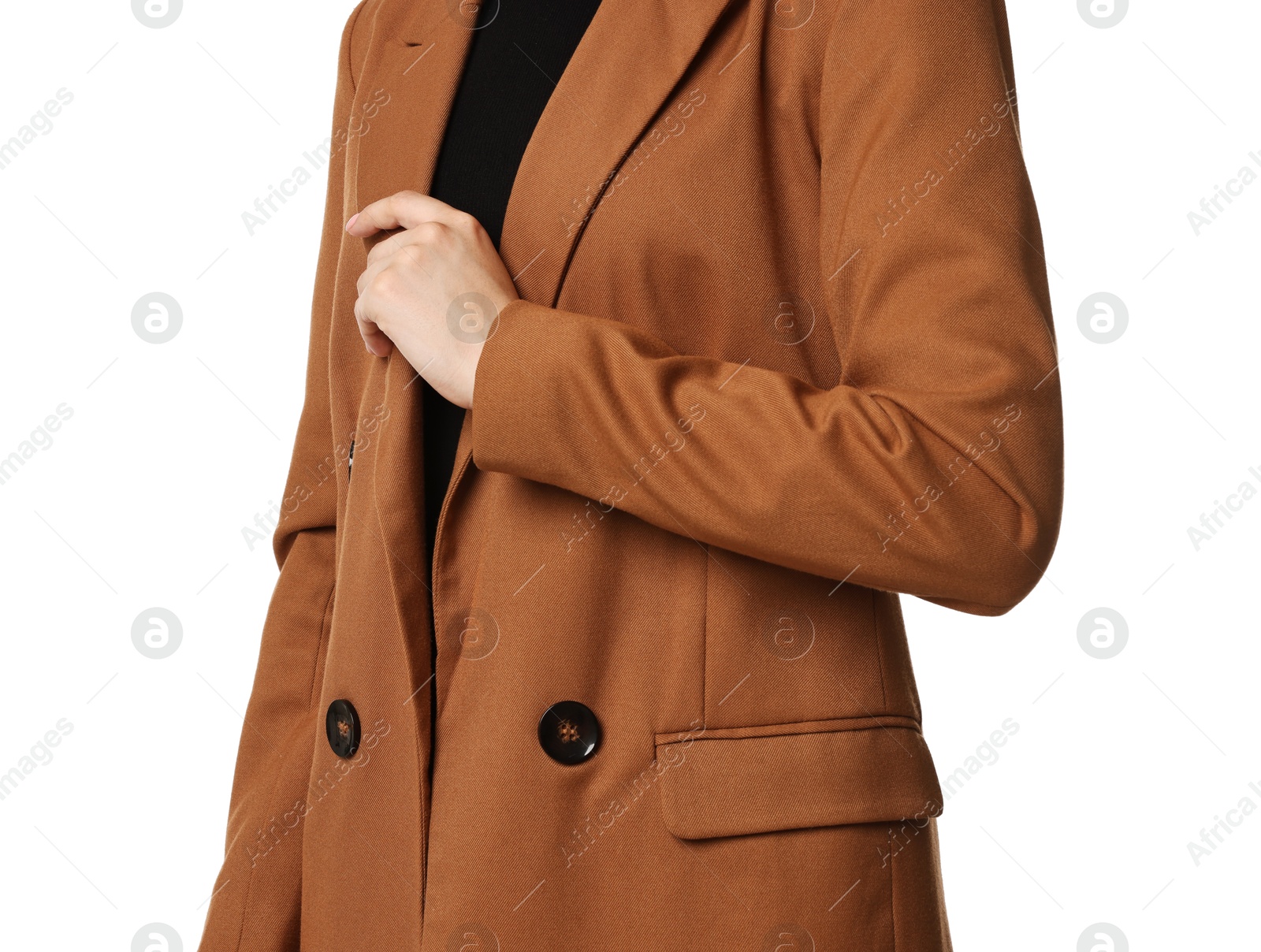 Photo of Woman in brown jacket on white background, closeup