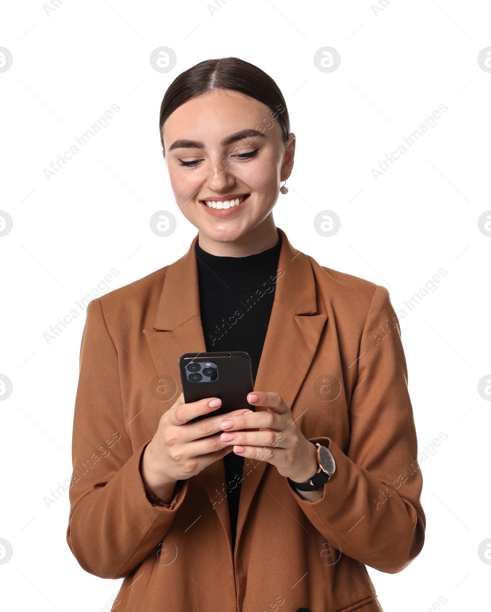 Photo of Beautiful woman in brown jacket using smartphone on white background