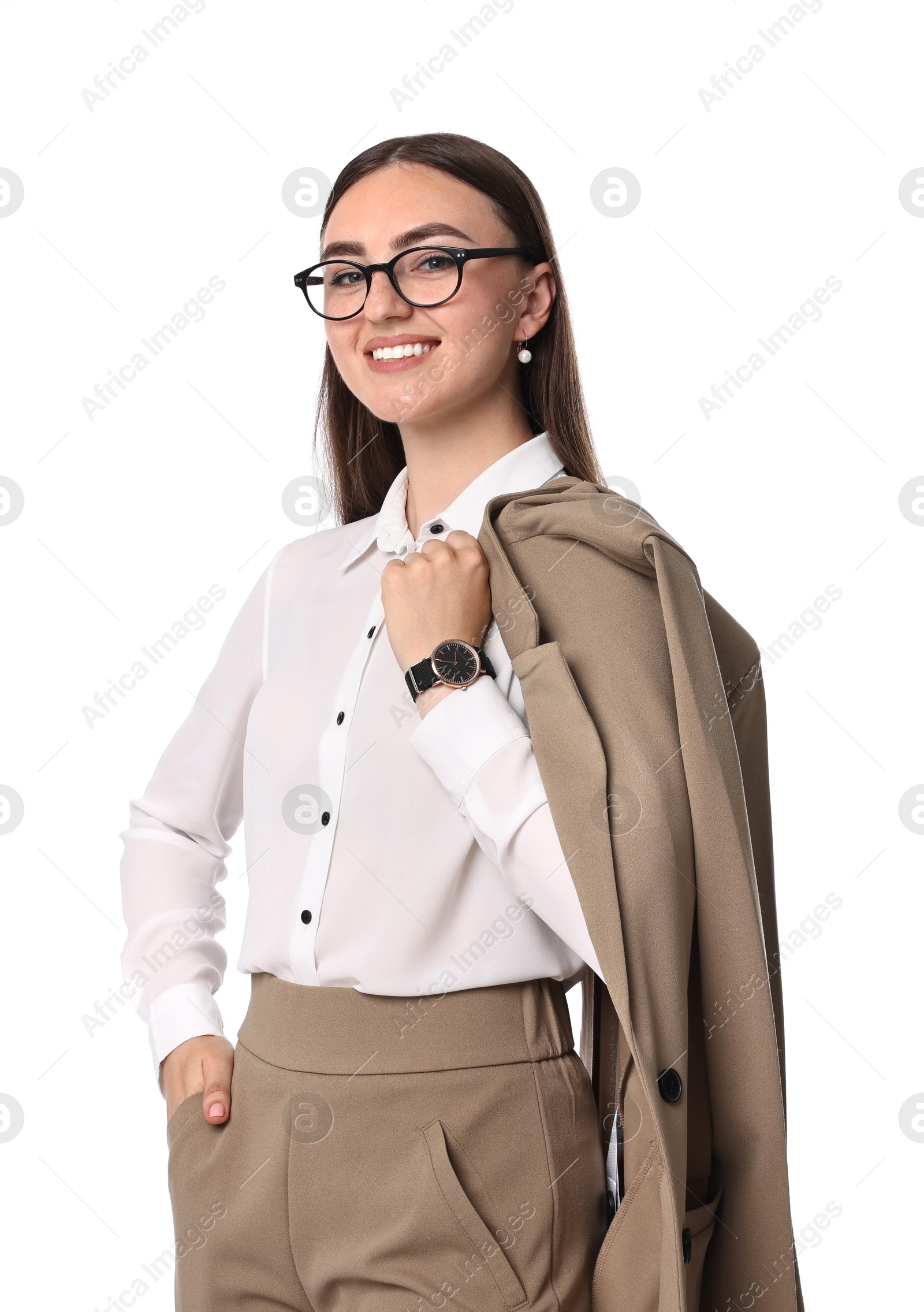 Photo of Beautiful woman in beige suit and glasses on white background