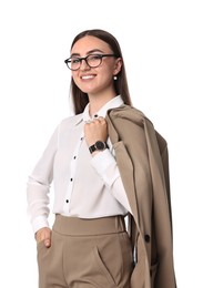 Beautiful woman in beige suit and glasses on white background