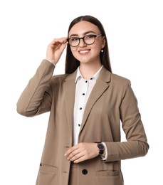 Beautiful woman in beige suit and glasses on white background