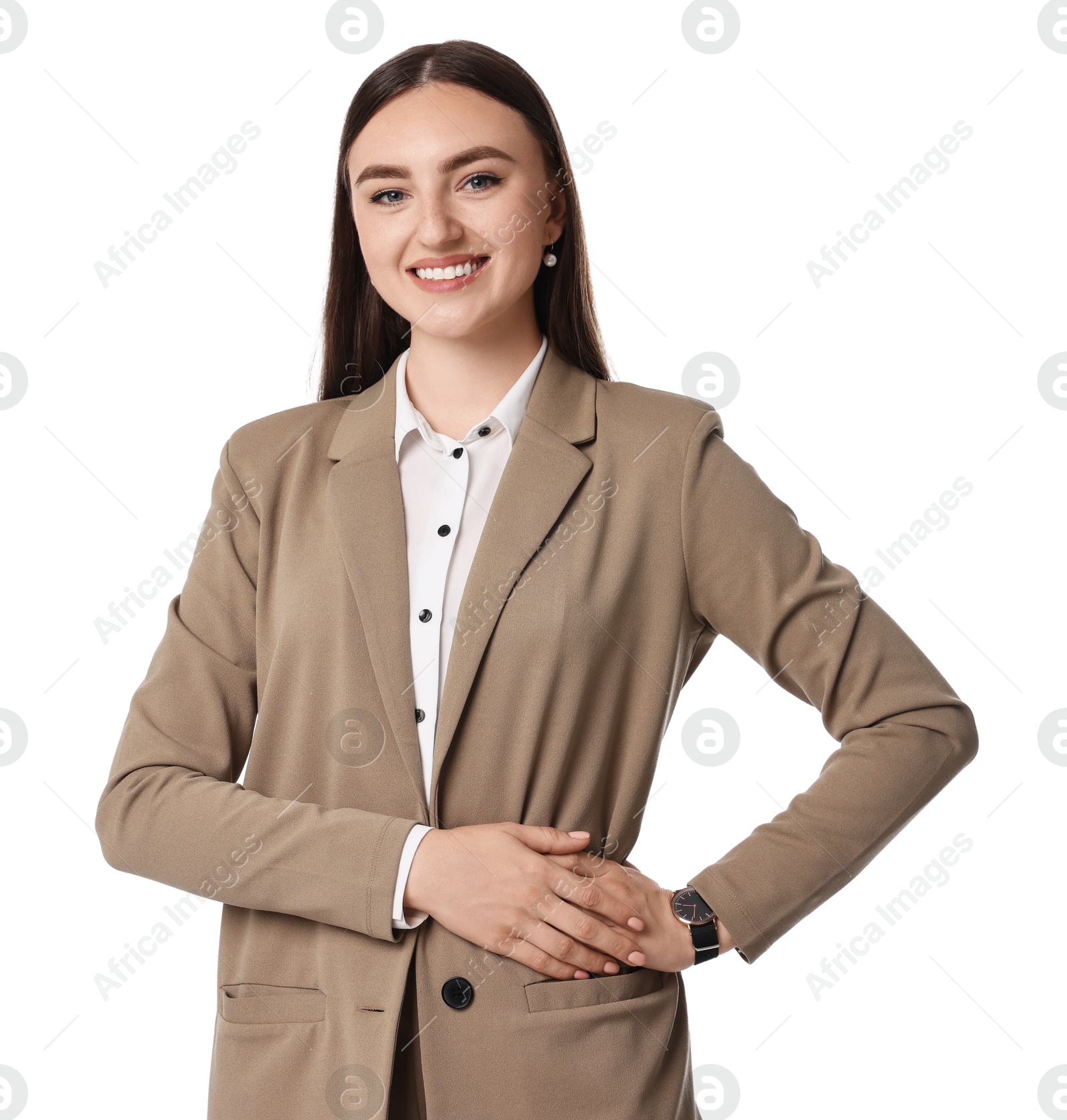 Photo of Beautiful woman in beige suit on white background