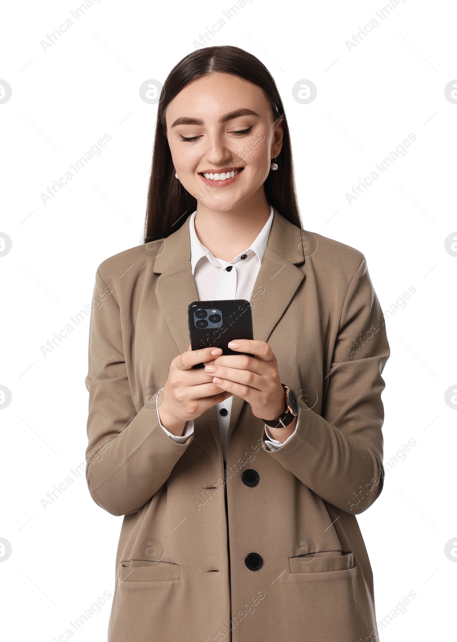 Photo of Beautiful woman in beige suit using smartphone on white background