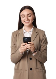 Beautiful woman in beige suit using smartphone on white background