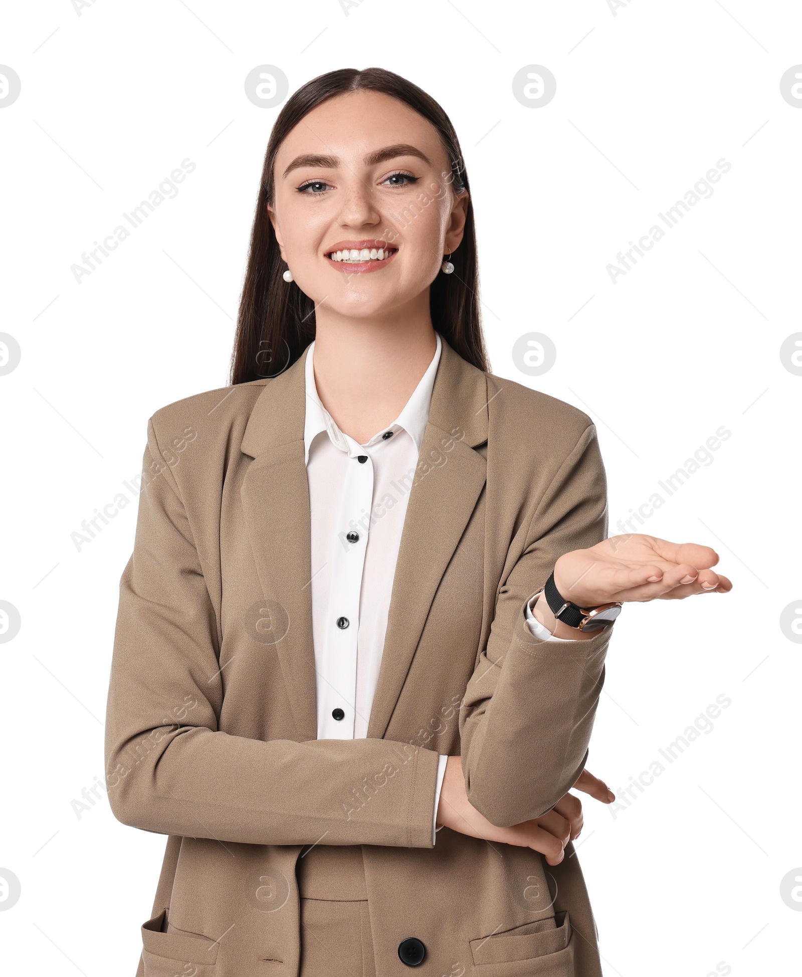 Photo of Beautiful woman in beige suit on white background