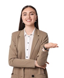 Photo of Beautiful woman in beige suit on white background