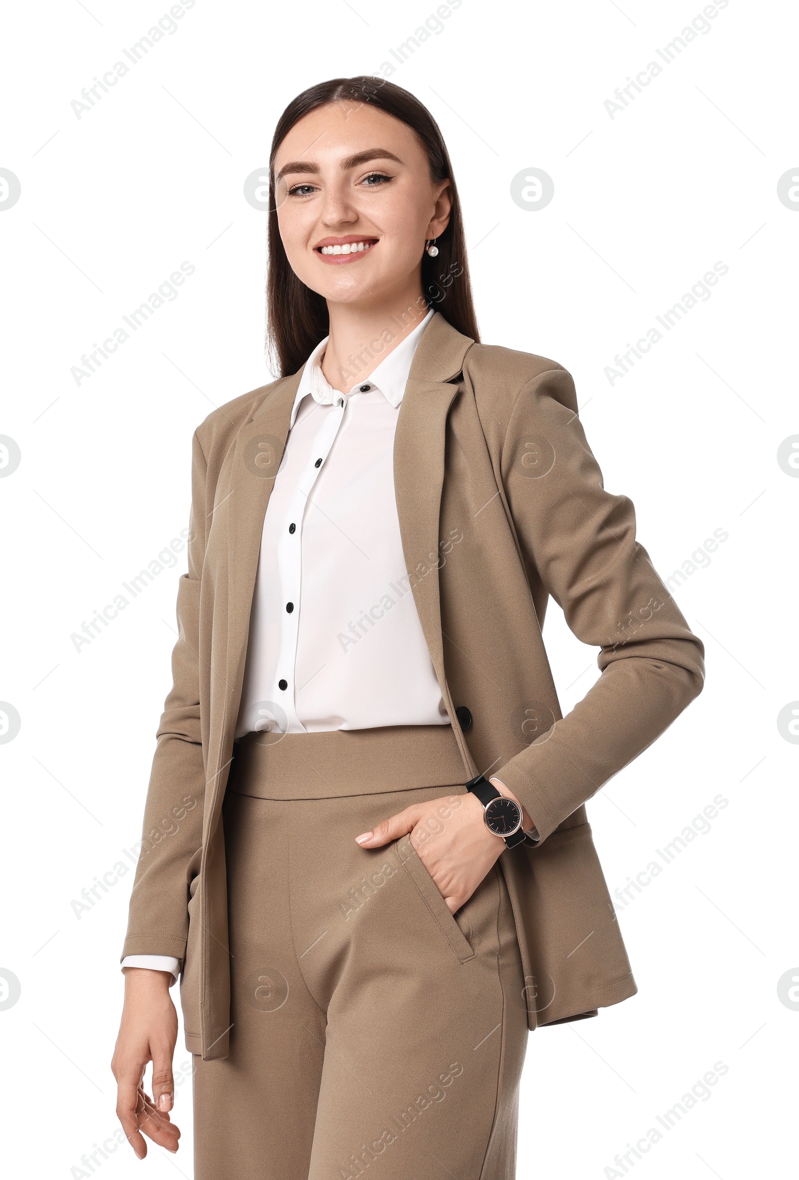 Photo of Beautiful woman in beige suit on white background