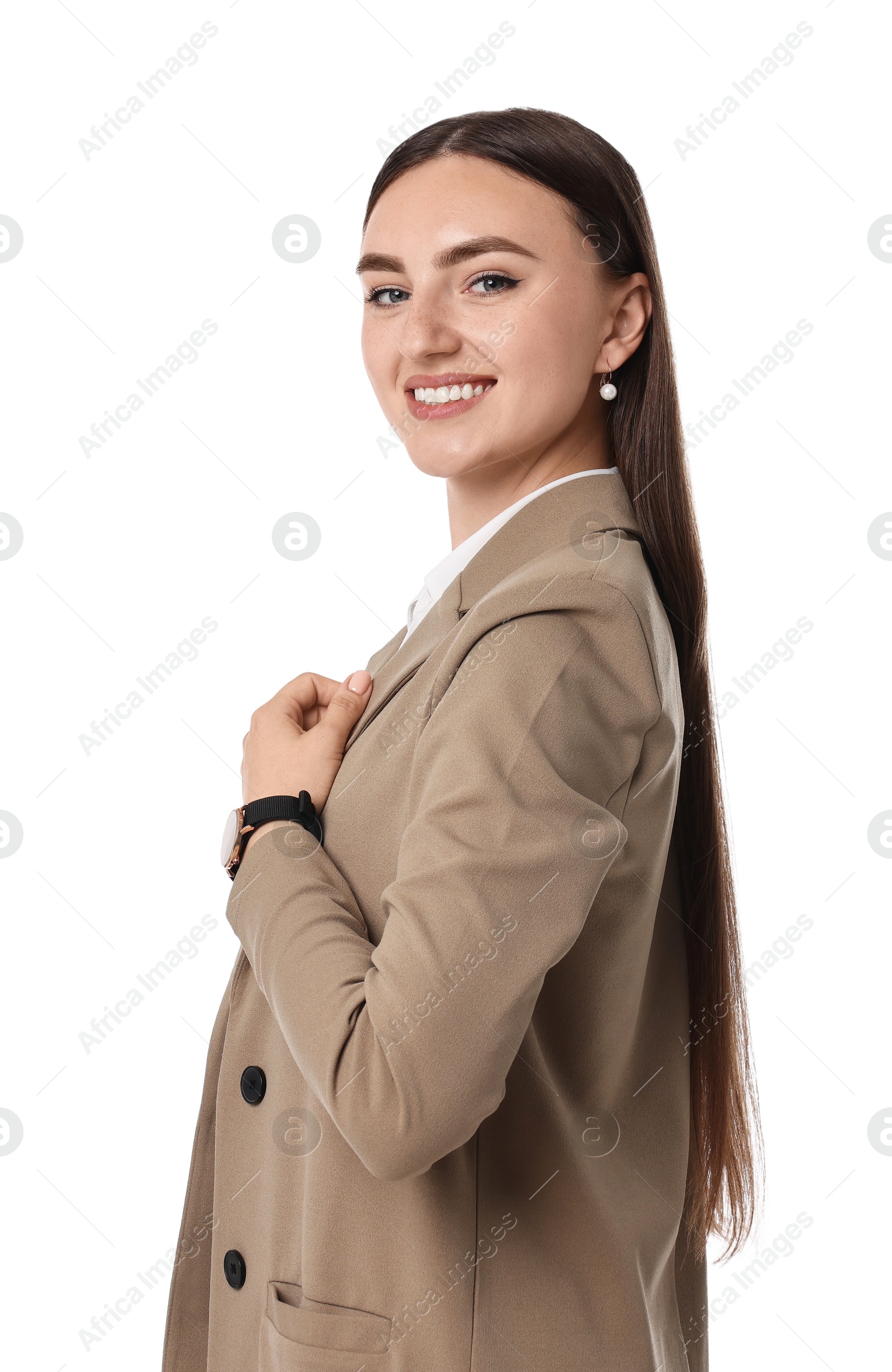 Photo of Beautiful woman in beige suit on white background