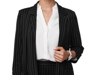 Photo of Woman in black striped suit on white background, closeup