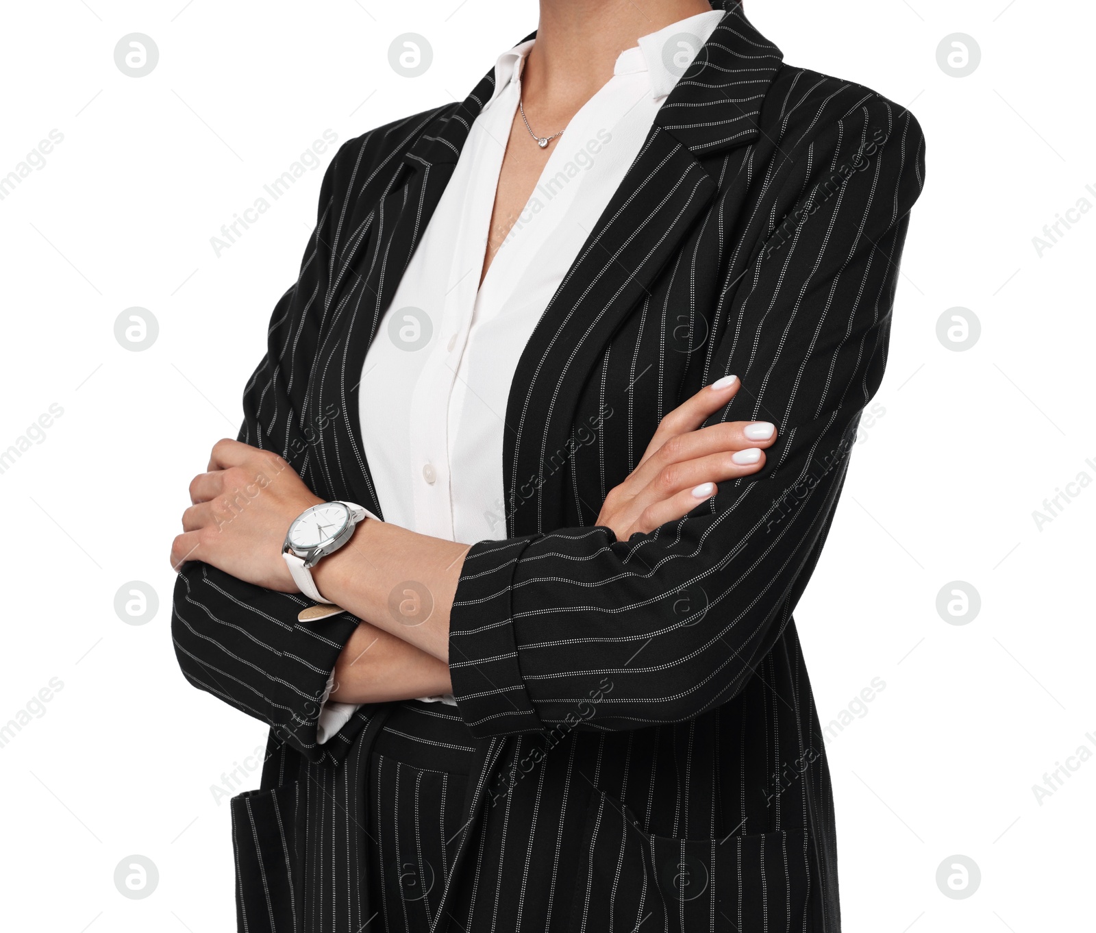 Photo of Woman in black striped suit on white background, closeup