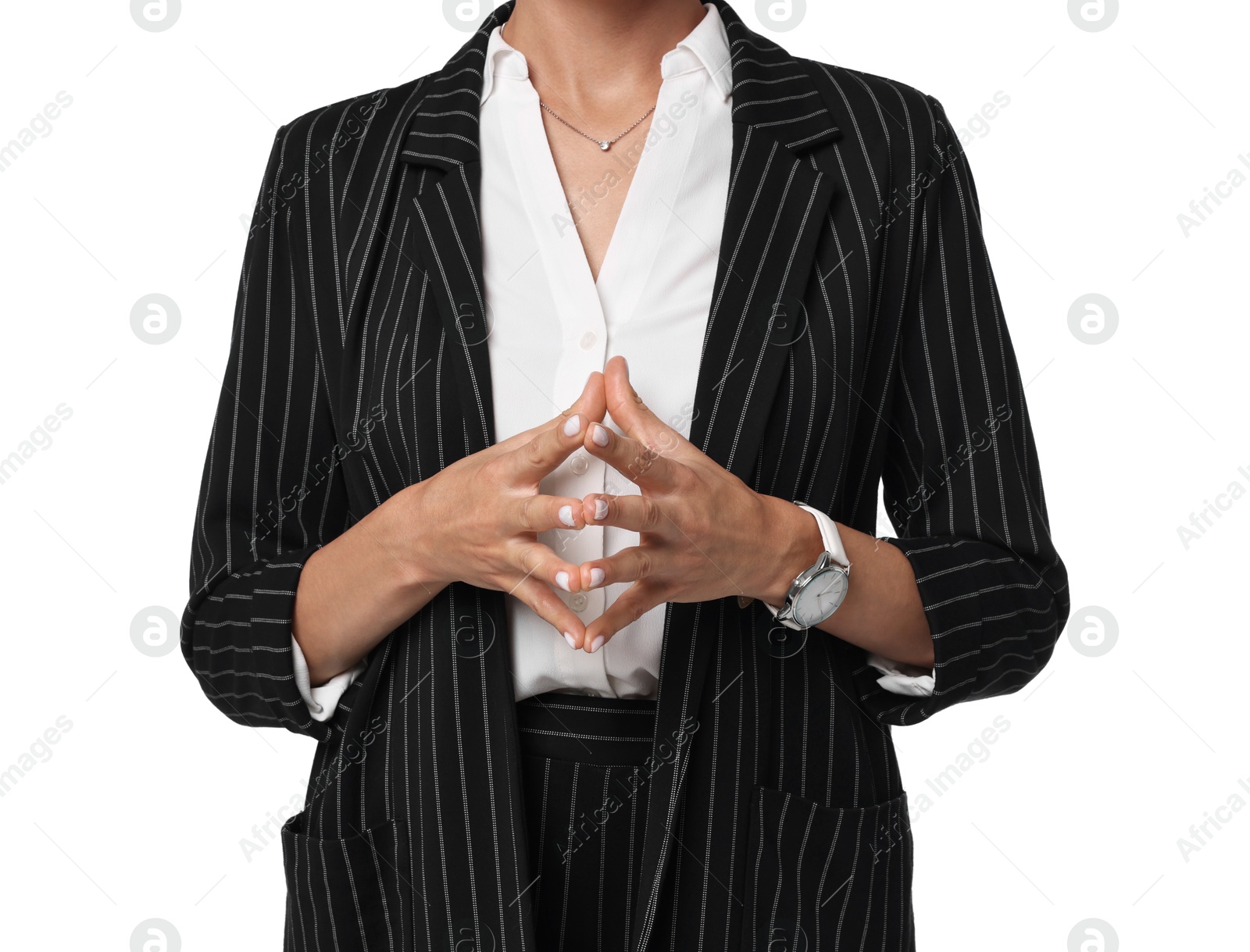 Photo of Woman in black striped suit on white background, closeup