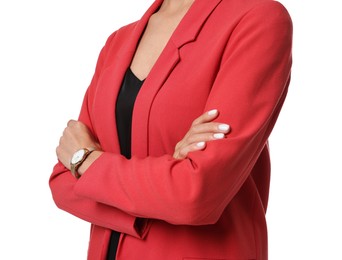 Beautiful woman in red jacket on white background, closeup