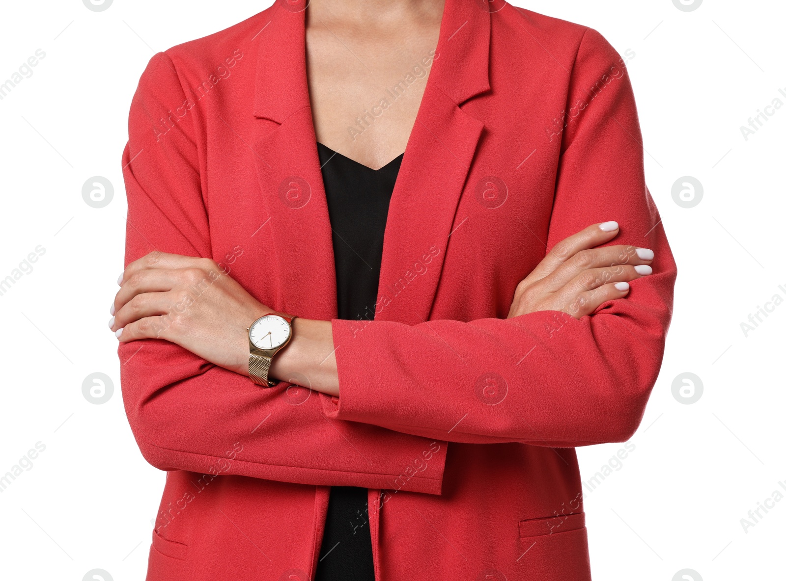 Photo of Beautiful woman in red jacket on white background, closeup