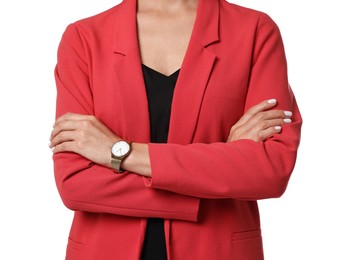 Photo of Beautiful woman in red jacket on white background, closeup