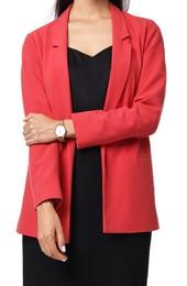 Photo of Woman in red jacket and black dress on white background, closeup