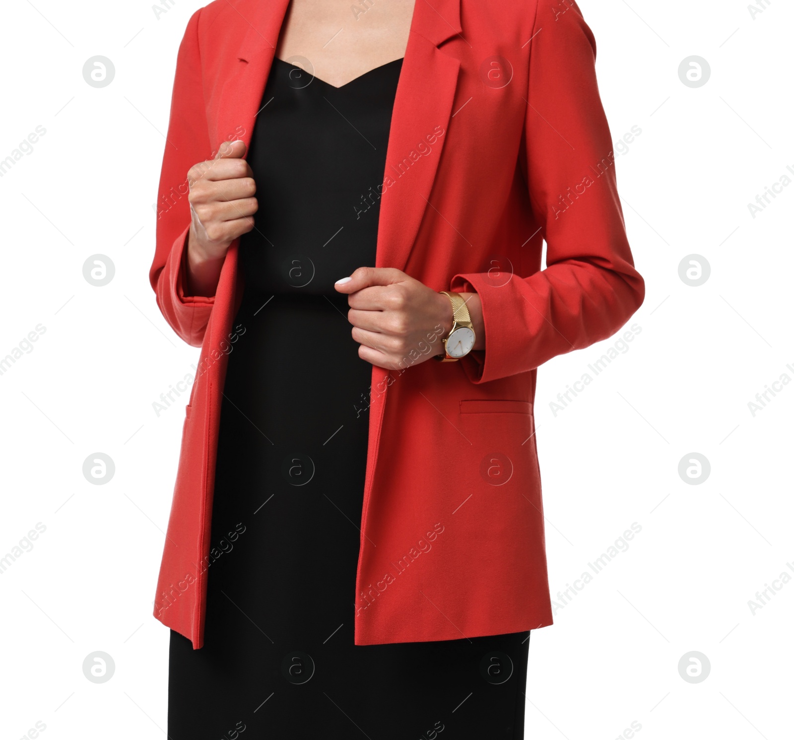 Photo of Woman in red jacket and black dress on white background, closeup