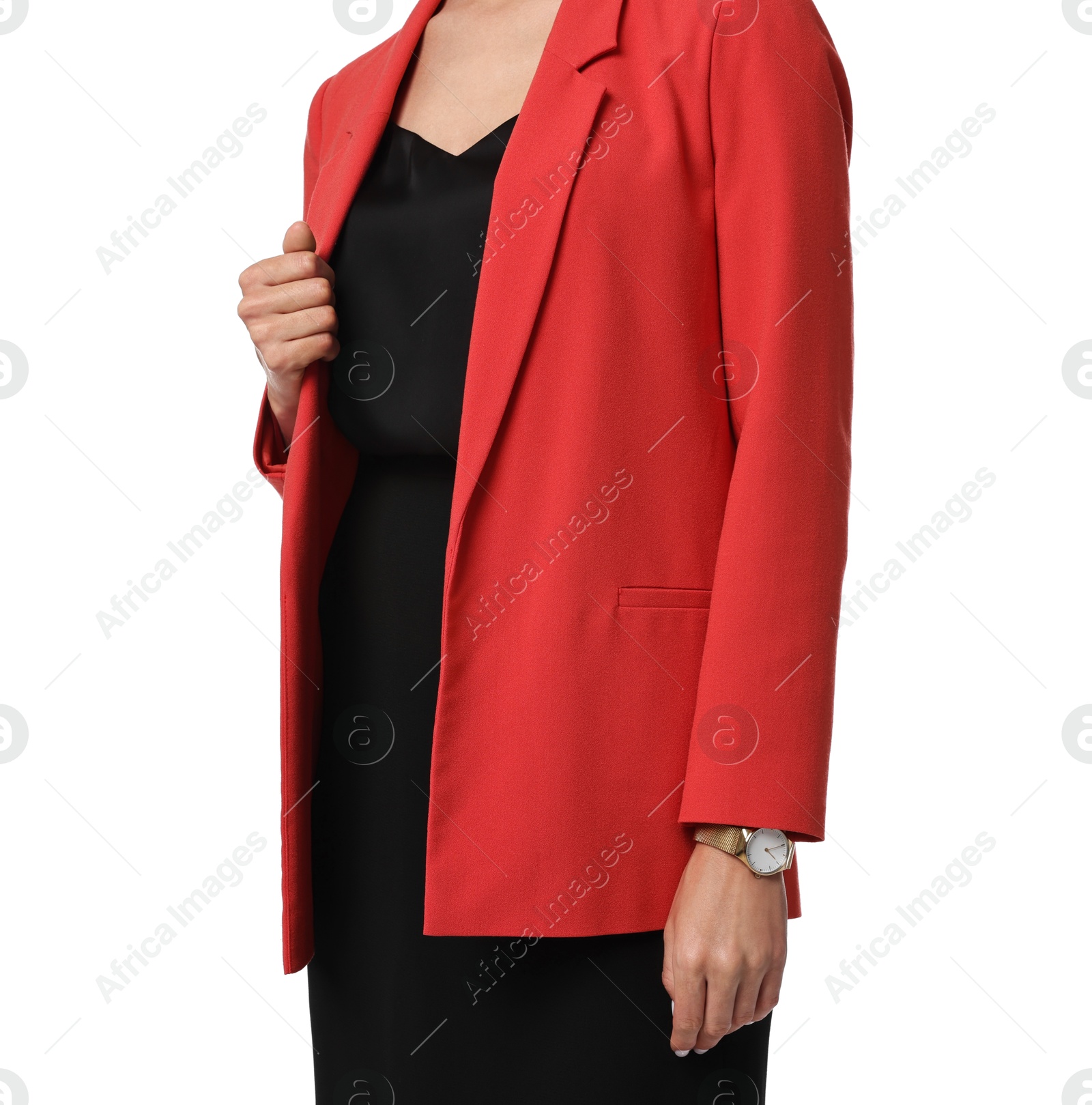 Photo of Woman in red jacket and black dress on white background, closeup