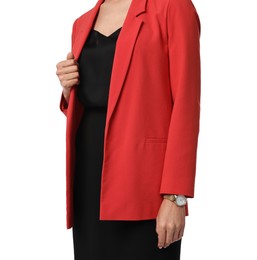 Photo of Woman in red jacket and black dress on white background, closeup