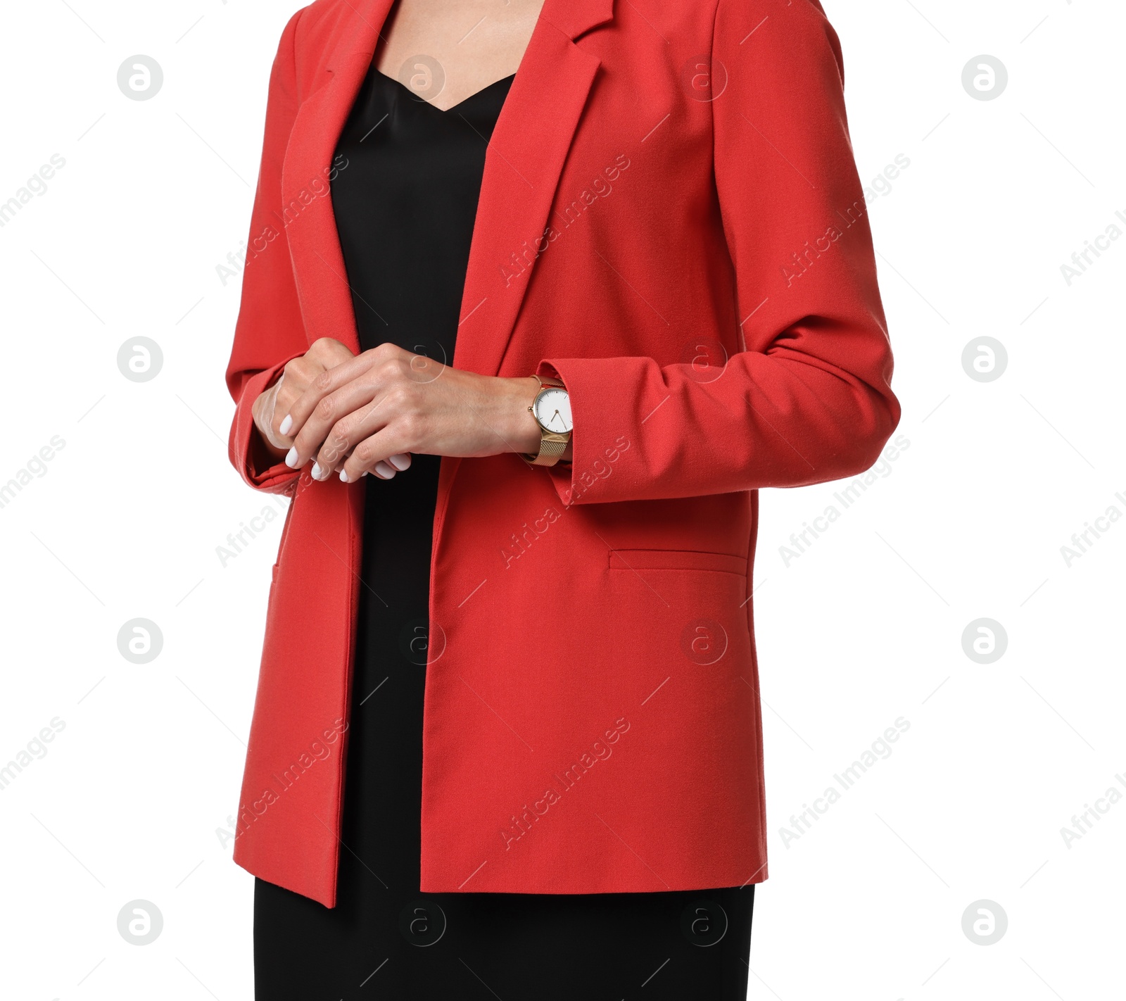 Photo of Woman in red jacket and black dress on white background, closeup