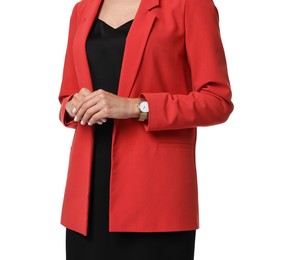 Woman in red jacket and black dress on white background, closeup