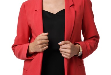 Photo of Woman in red jacket and black dress on white background, closeup