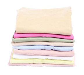 Photo of Stack of colorful clothes isolated on white