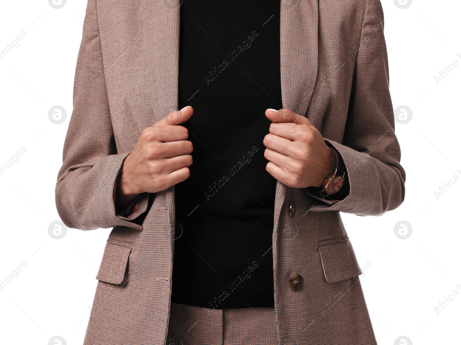 Photo of Woman in beige suit on white background, closeup