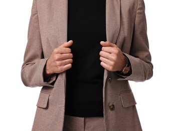 Woman in beige suit on white background, closeup