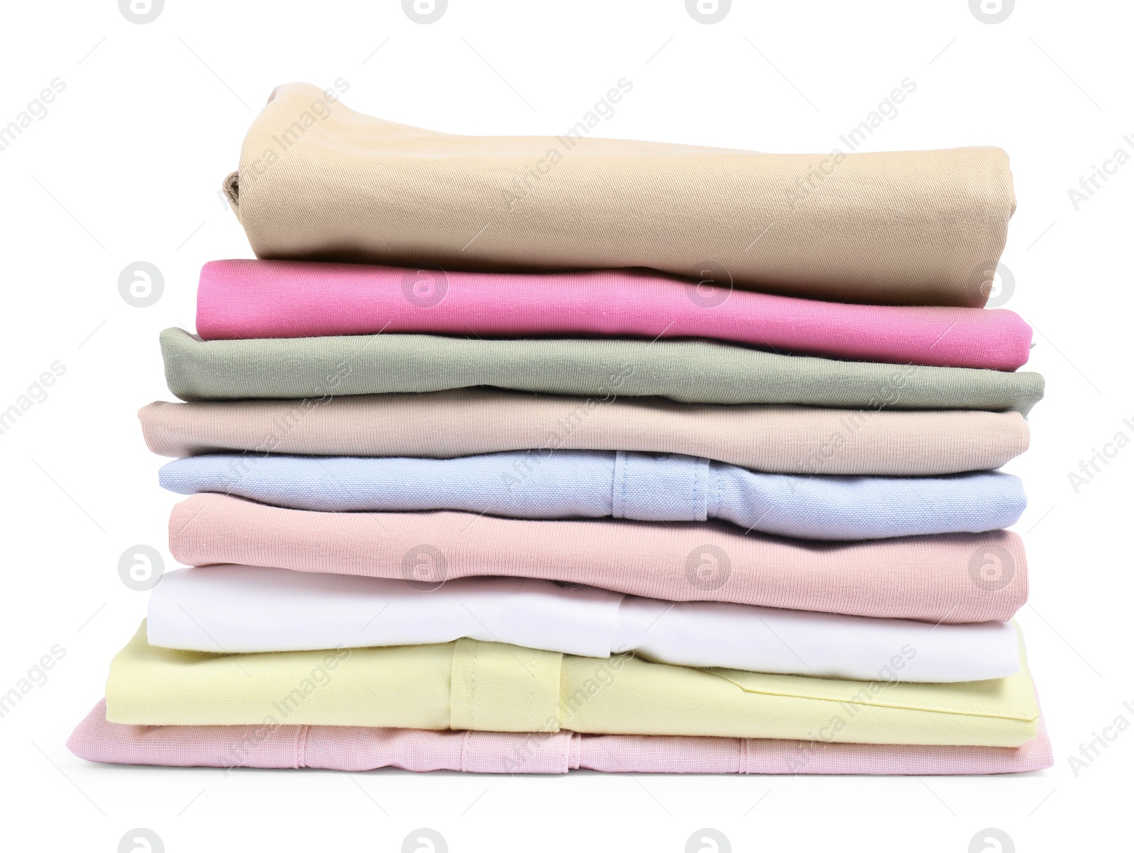 Photo of Stack of colorful clothes isolated on white