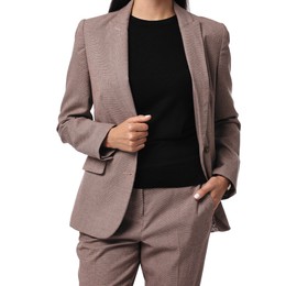 Photo of Woman in beige suit on white background, closeup