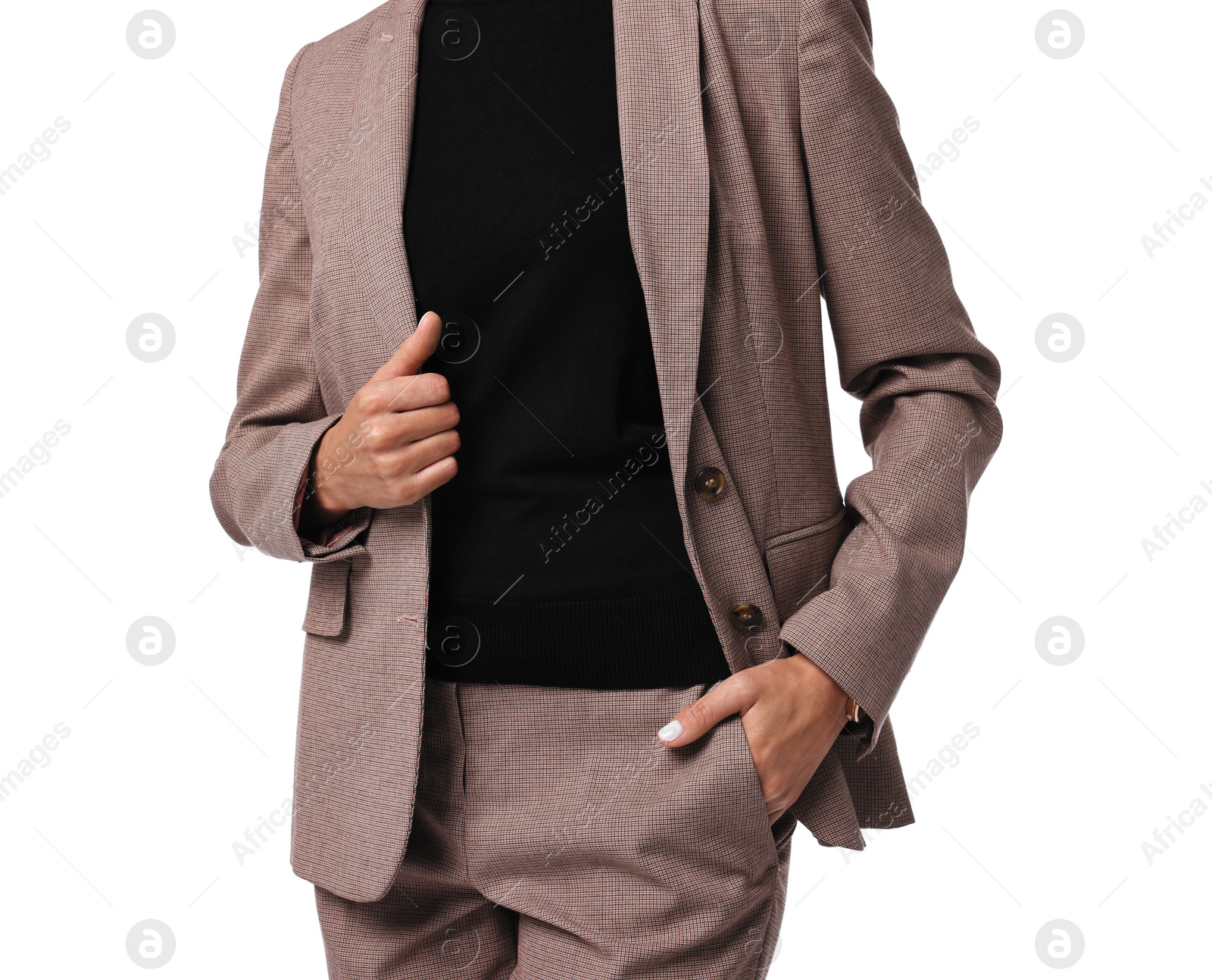 Photo of Woman in beige suit on white background, closeup