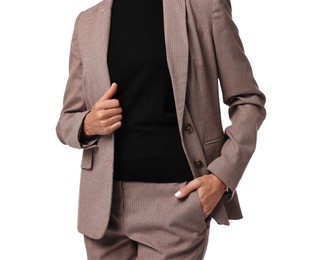 Photo of Woman in beige suit on white background, closeup