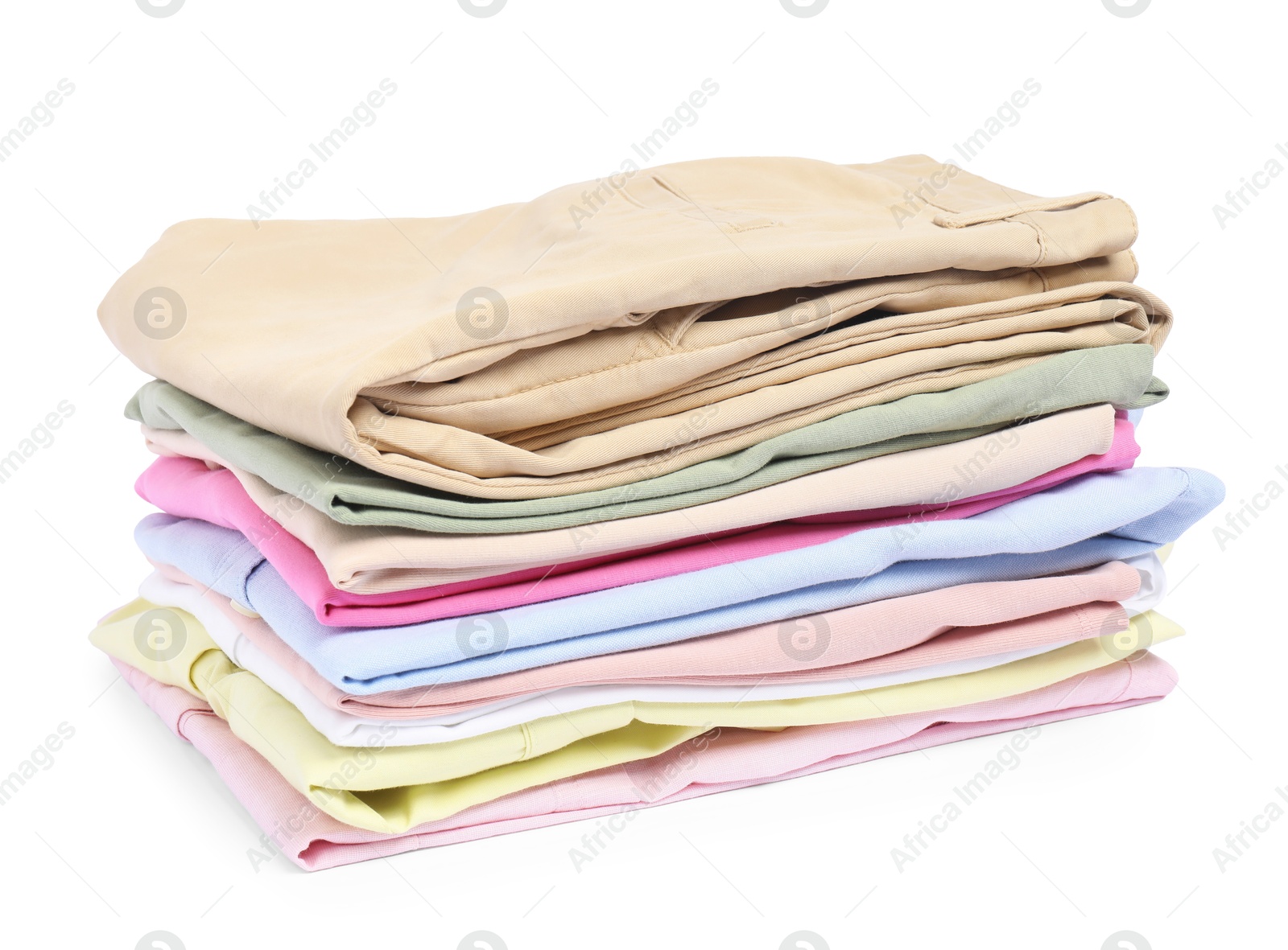 Photo of Stack of colorful clothes isolated on white