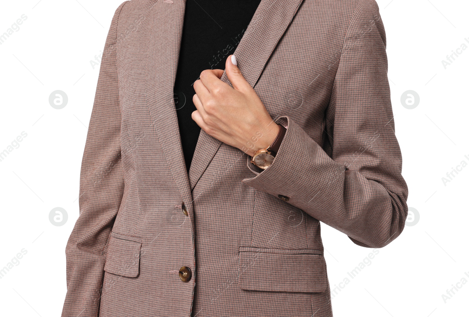 Photo of Woman in beige suit on white background, closeup