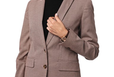 Photo of Woman in beige suit on white background, closeup