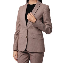 Photo of Woman in beige suit on white background, closeup