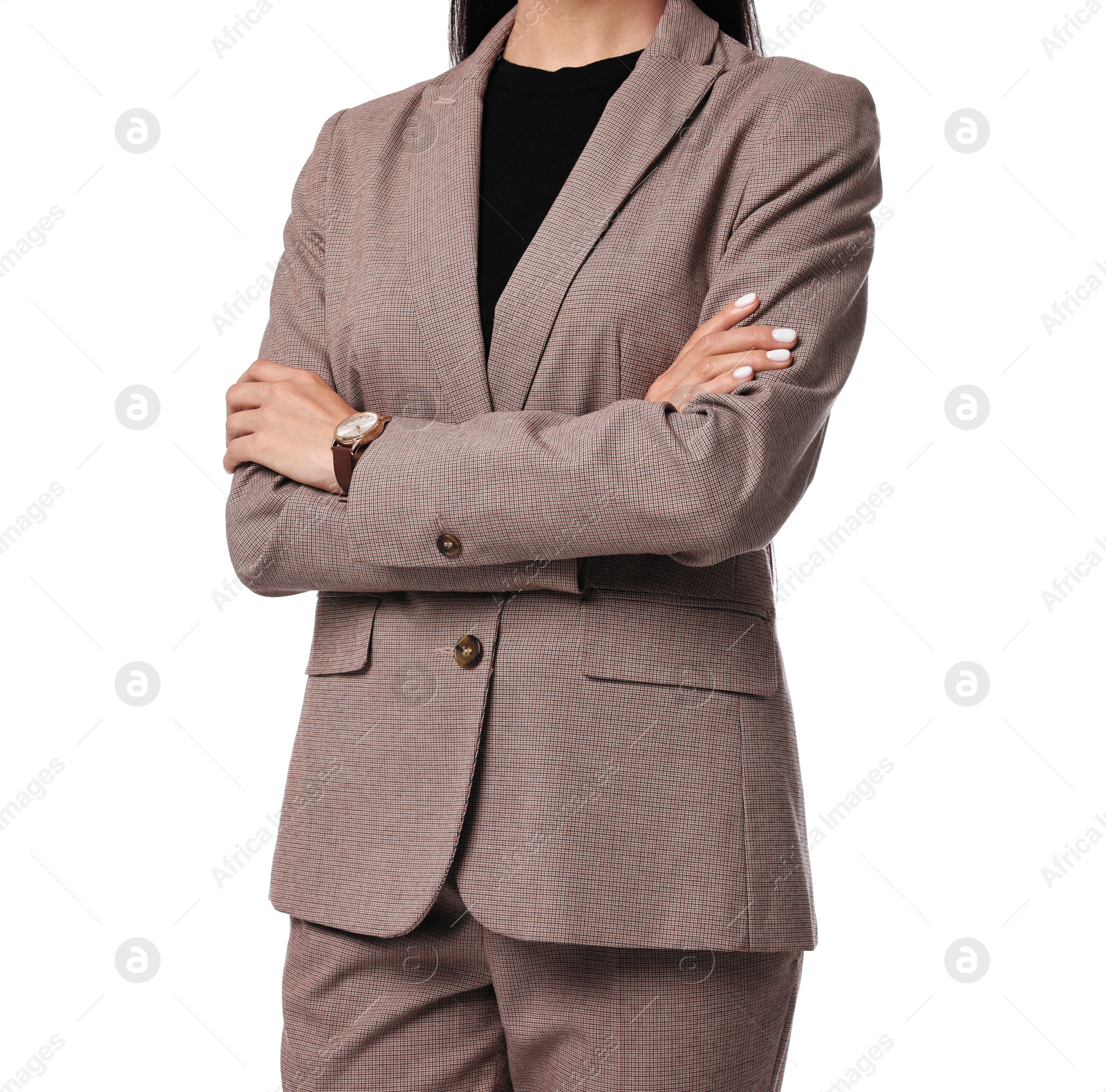 Photo of Woman in beige suit on white background, closeup