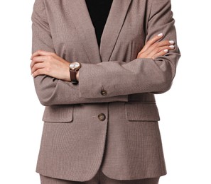 Photo of Woman in beige suit on white background, closeup