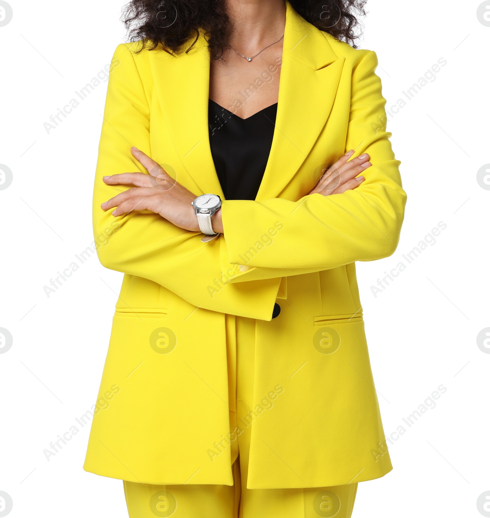 Photo of Woman in stylish yellow suit isolated on white, closeup