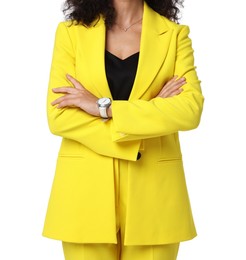 Woman in stylish yellow suit isolated on white, closeup